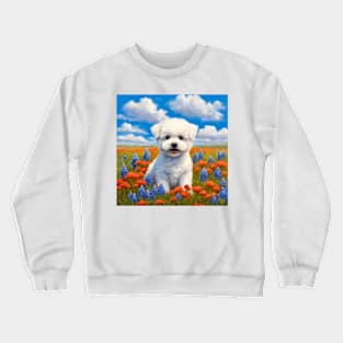 Bichon Frise Puppy in Texas Wildflower Field Crewneck Sweatshirt